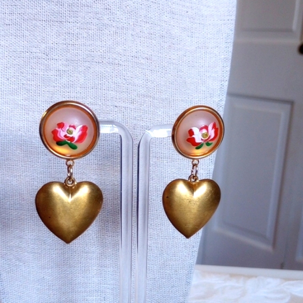 Gold Tone Heart Hand painted Red Rose Brass Drop Earrings